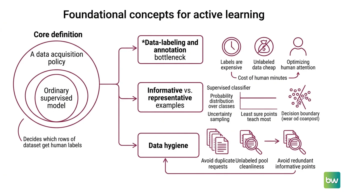 The four-stage active learning loop — train, score, query the human oracle, add labels — with cold-start and sampling bias marked as failure points