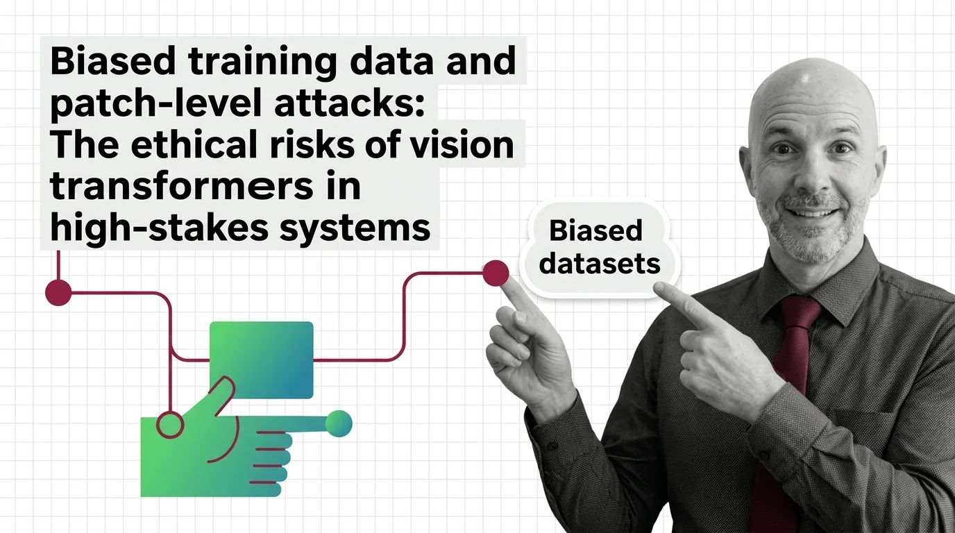 Grid of web-scraped faces with attention-patch overlays showing how vision transformers inherit demographic bias from training datasets