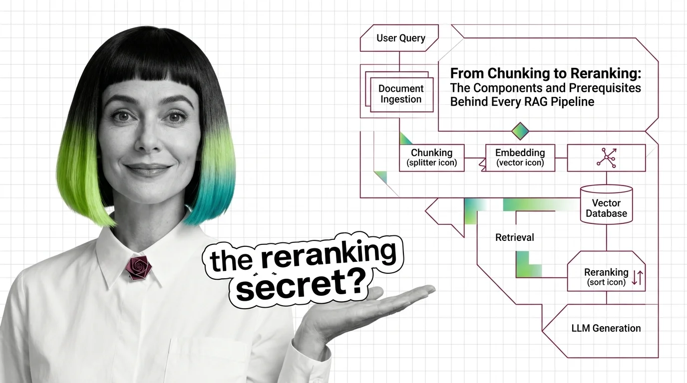 RAG pipeline as a chain of transformations: chunking, embedding, vector storage, retrieval, and reranking