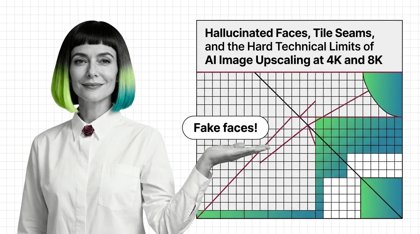 AI image upscaling structural limits at 4K and 8K - diffusion priors hallucinate faces and tile-local processing produces visible seams