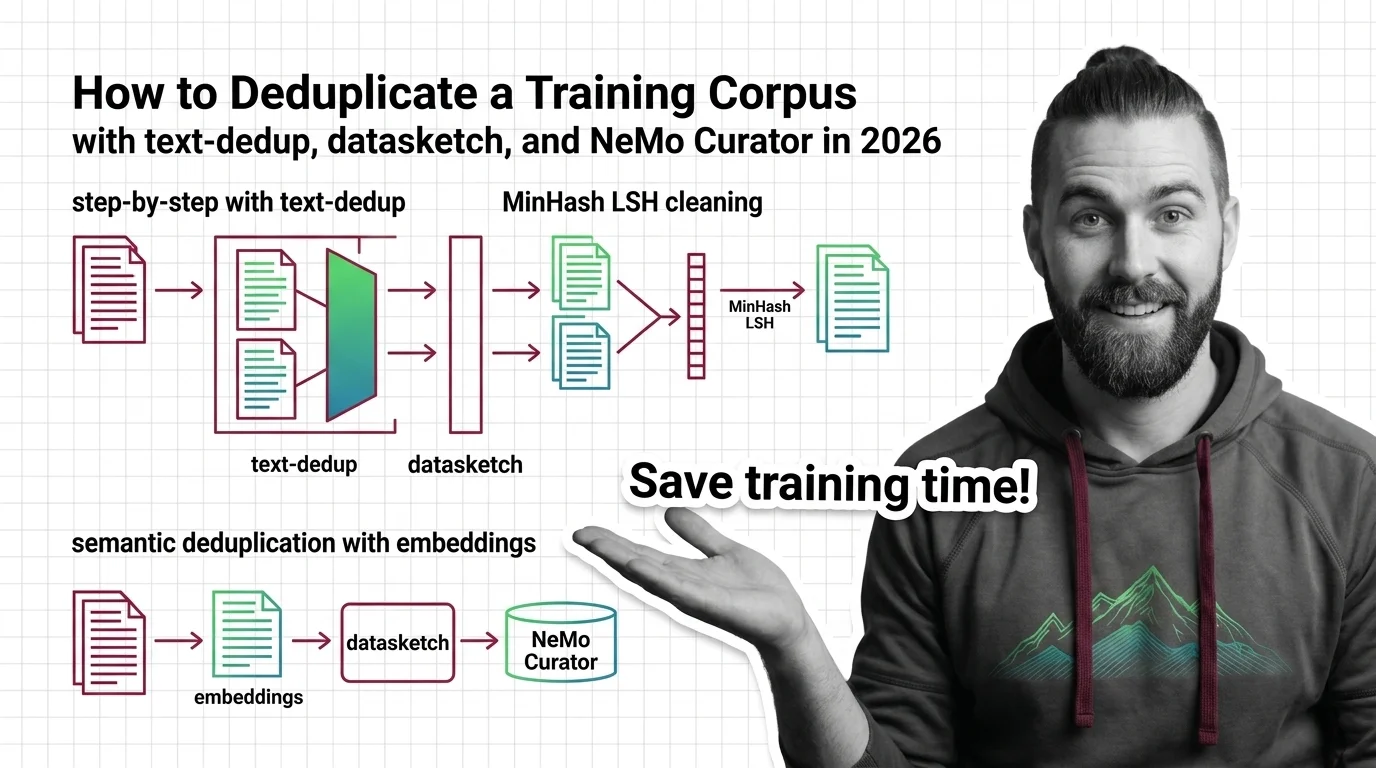 Decision map for choosing datasketch, text-dedup, or NeMo Curator to deduplicate an LLM training corpus by scale