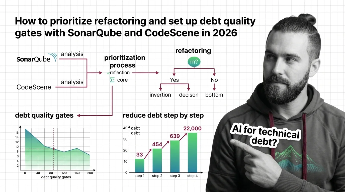Refactoring priority board ranking code hotspots beside a CI/CD quality gate blocking a failing merge request.