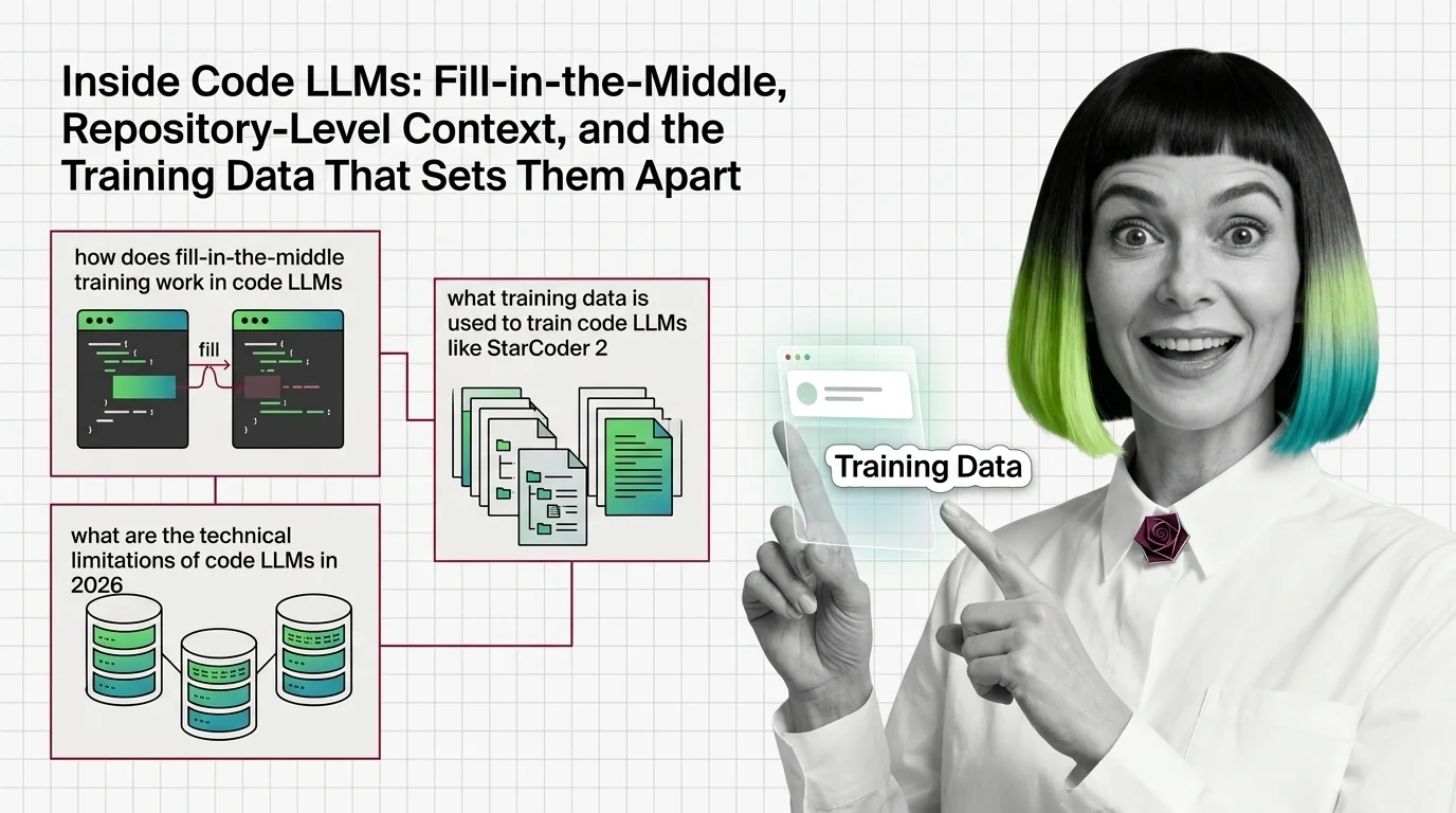 Diagram of fill-in-the-middle training reordering code into prefix, suffix, and middle segments for code LLM infilling