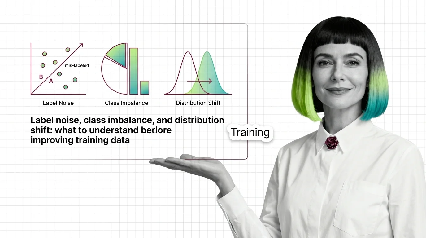 Three training-data failures shown in feature space: mislabeled points, skewed class frequencies, and a shifted distribution.