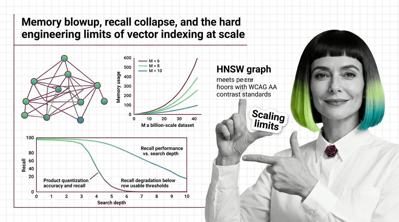Abstract visualization of expanding graph nodes consuming memory while search accuracy fractures at scale