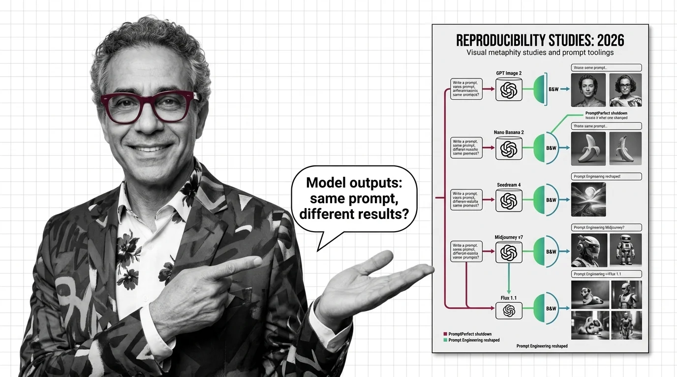 Five AI image models rendering the same prompt with diverging outputs, illustrating broken cross-model reproducibility