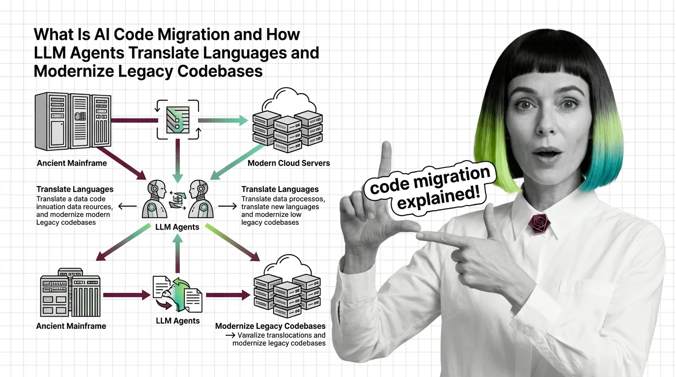 Diagram of an AI code migration pipeline translating legacy COBOL into Java through deterministic and LLM-agent stages