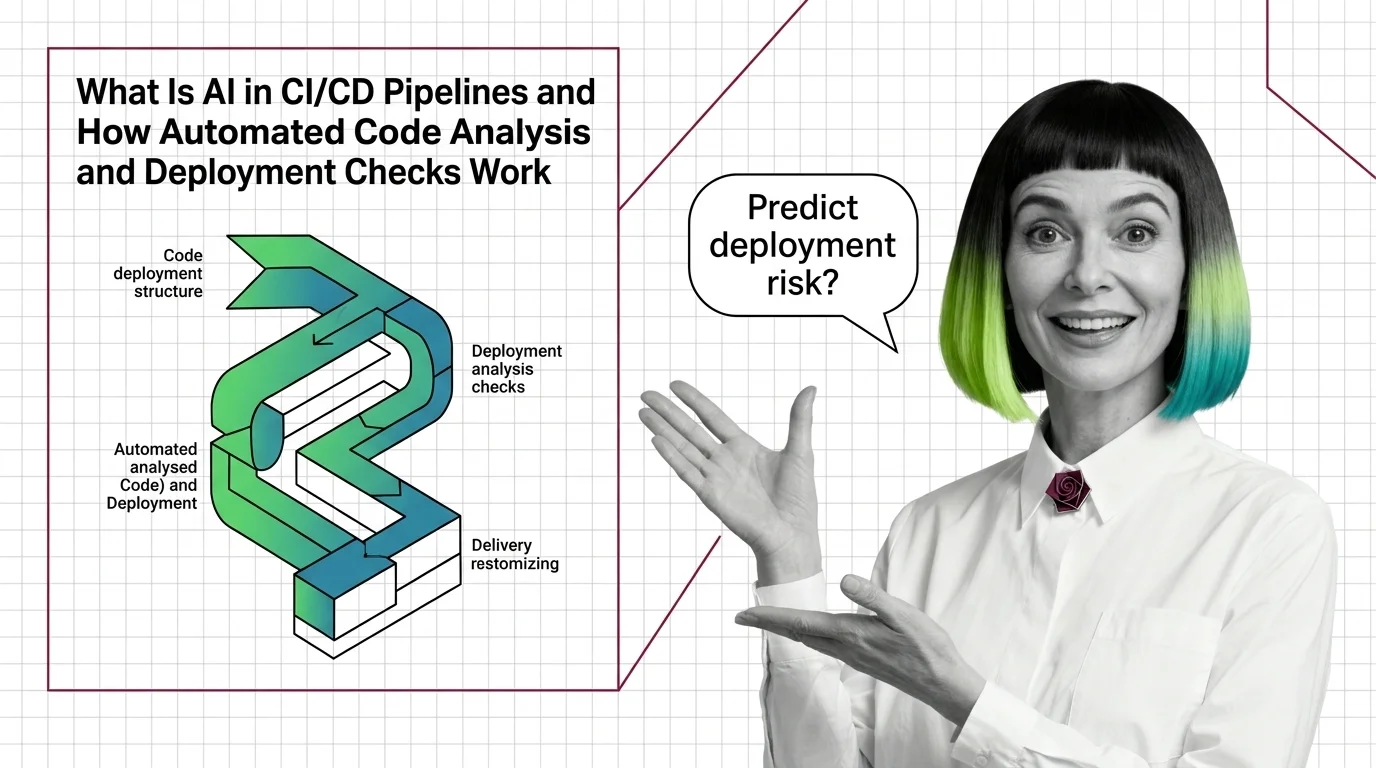 Diagram of an AI-driven CI/CD pipeline scoring commit risk and reordering tests before deployment