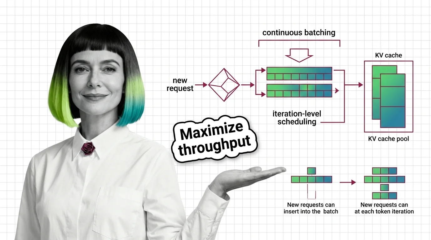 GPU scheduling pipeline visualization showing requests entering and leaving batch slots at each forward-pass iteration