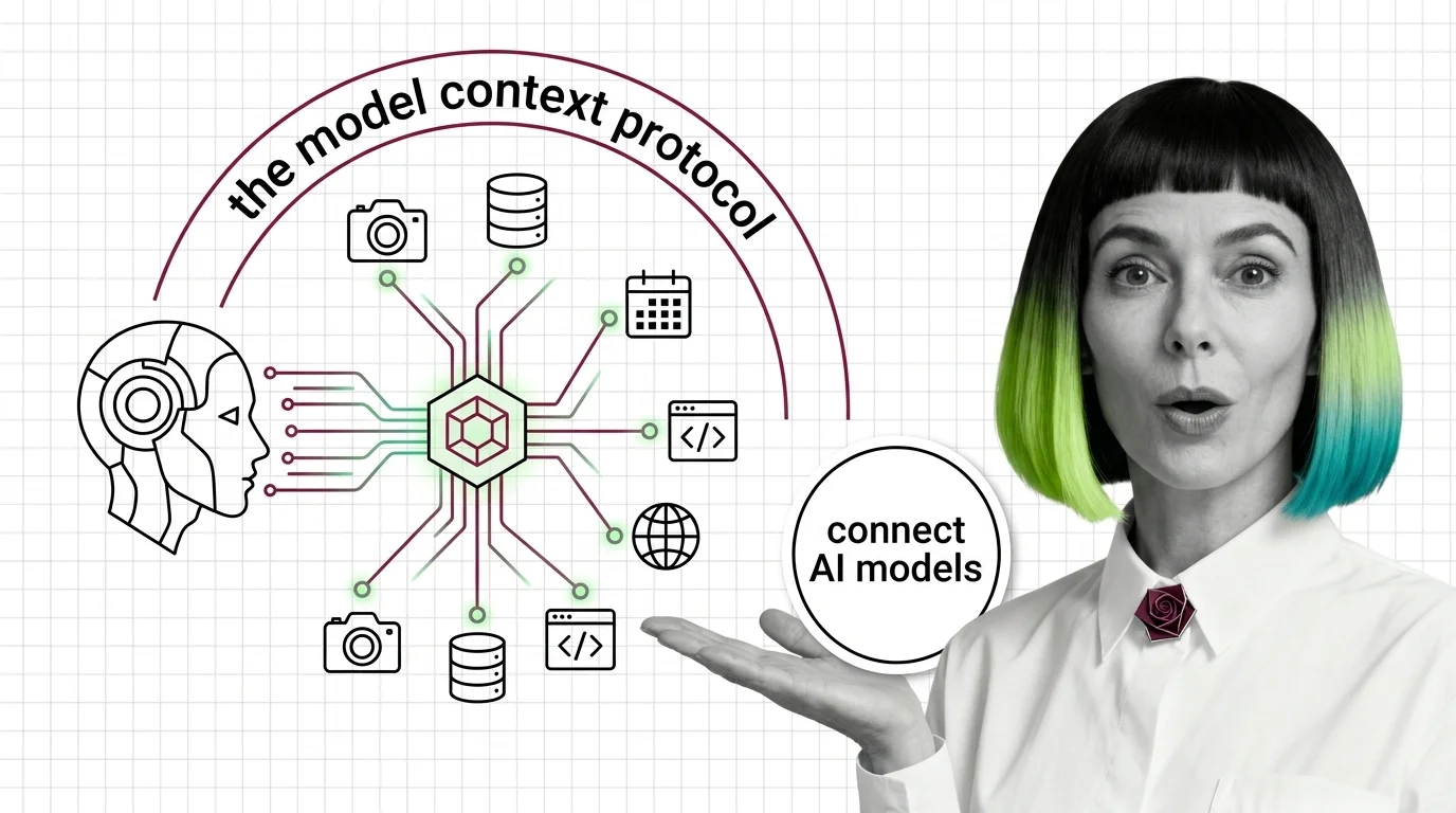 Model Context Protocol linking one AI model to external tools, data sources, and APIs through a single standard interface