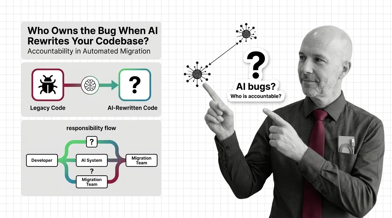 A code migration diff marked with a question mark, raising accountability and liability when AI rewrites software.