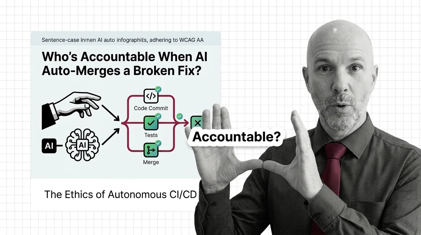 An autonomous CI/CD agent merging a code fix past an unattended human review gate, raising accountability questions
