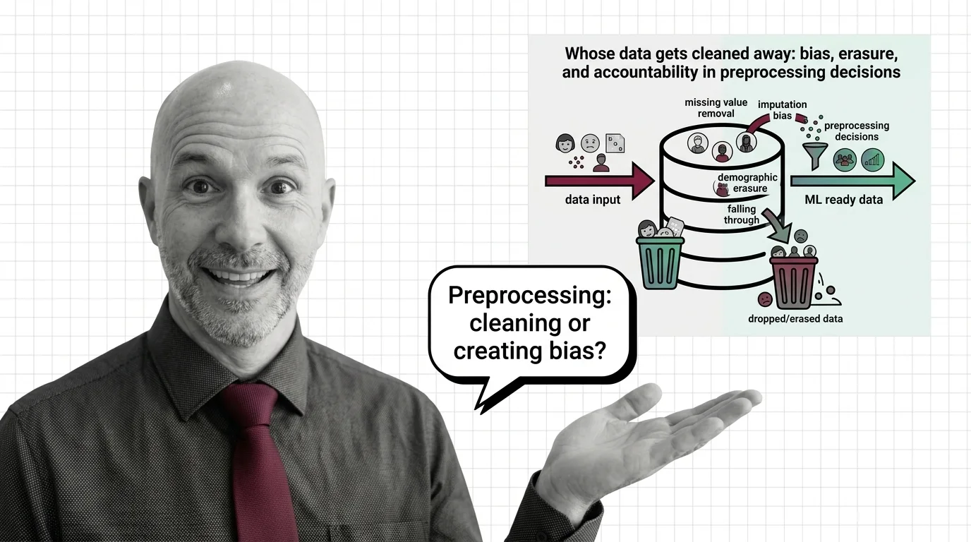 Rows of data being deleted during preprocessing, showing how cleaning choices erase minority groups and embed bias into a