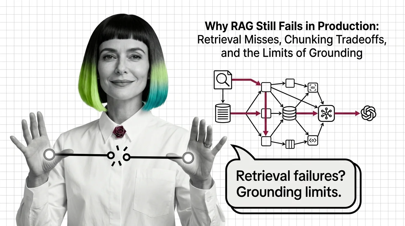 Three structural failure surfaces in production RAG: retrieval misses, position bias on long context, grounding conflicts